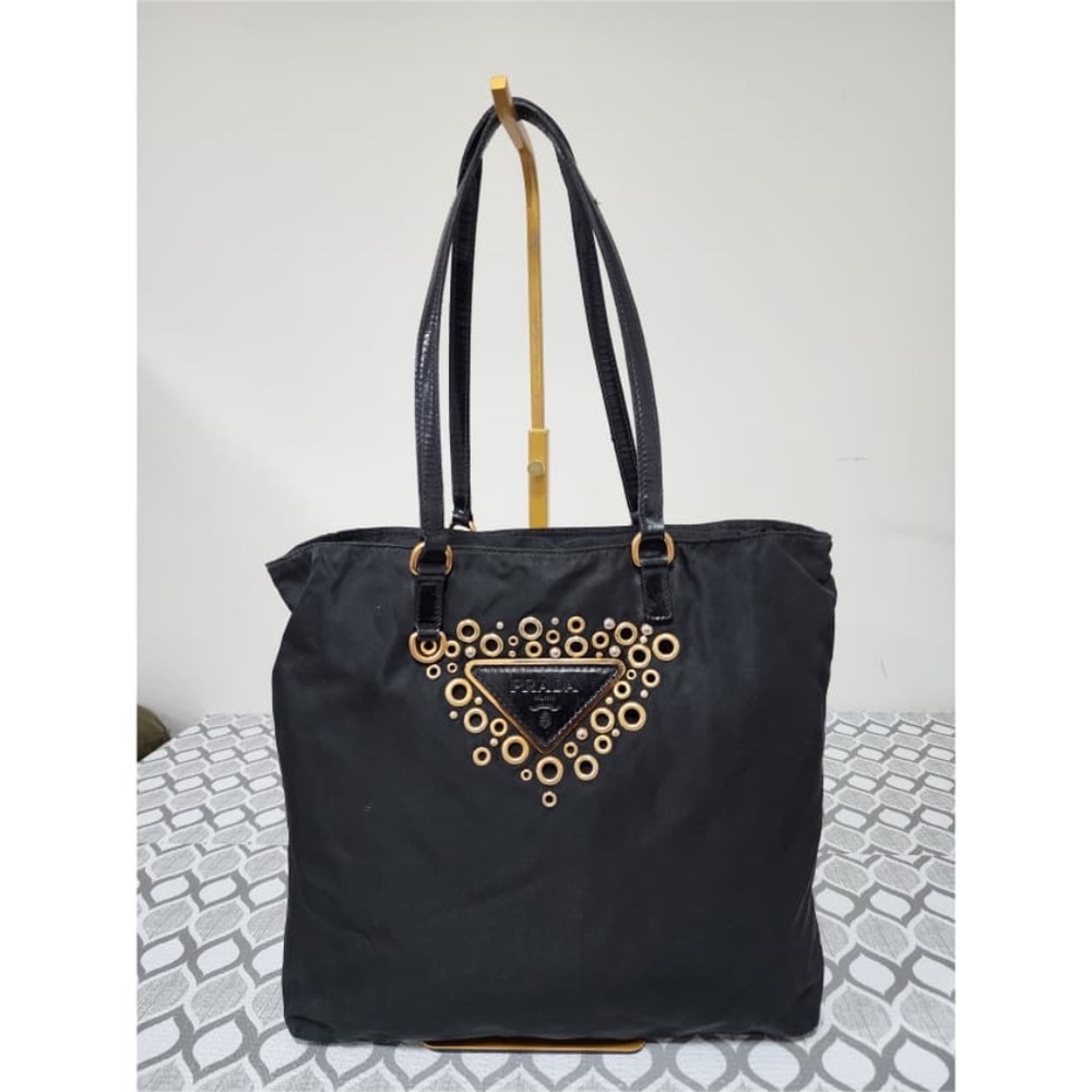 Authentic PRADA Logo Grommet Tessuto Nylon Tote Bag Black/Gold